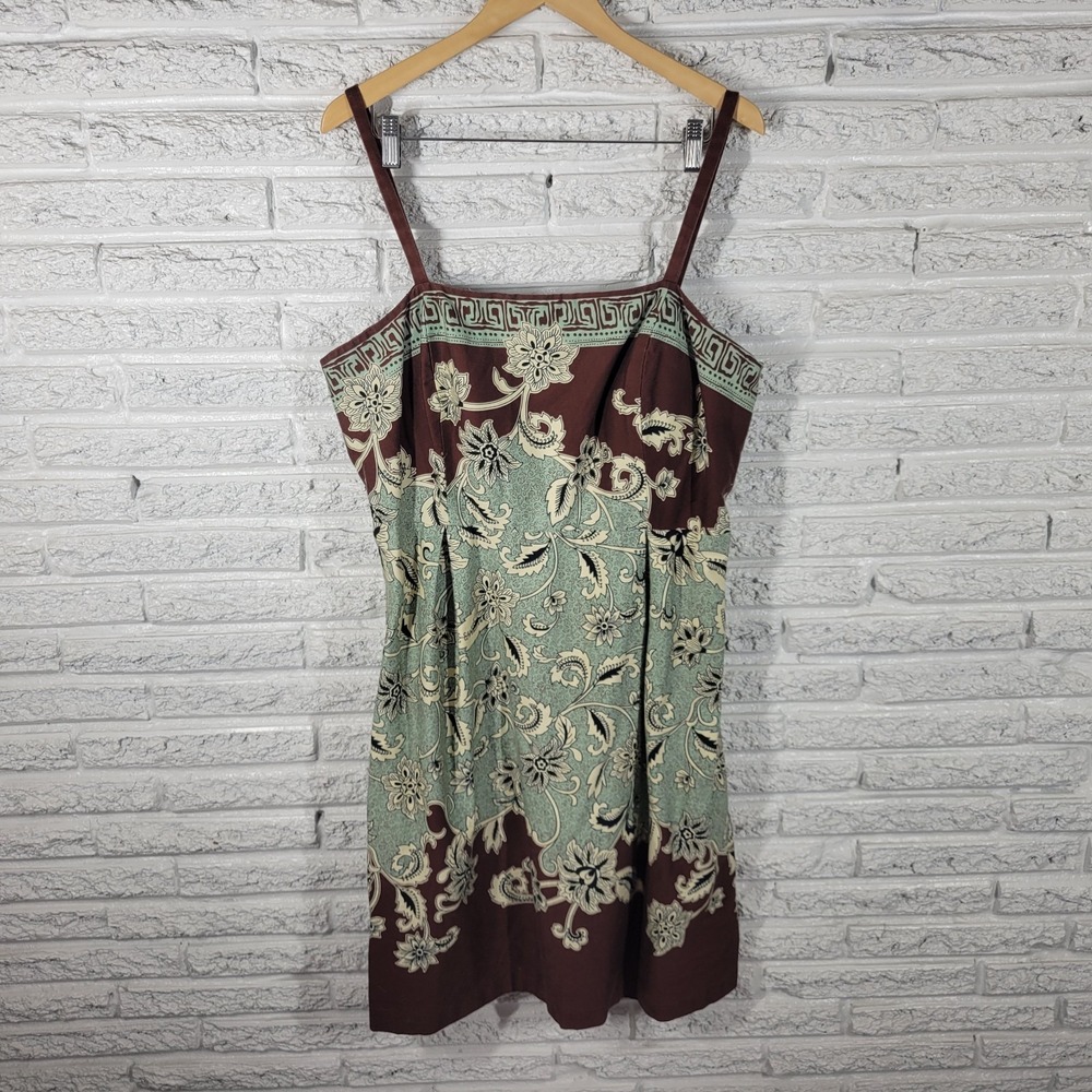 R&K Womens 18W Plus Size Slip Dress Brown Green Floral Spaghetti Strap Zip